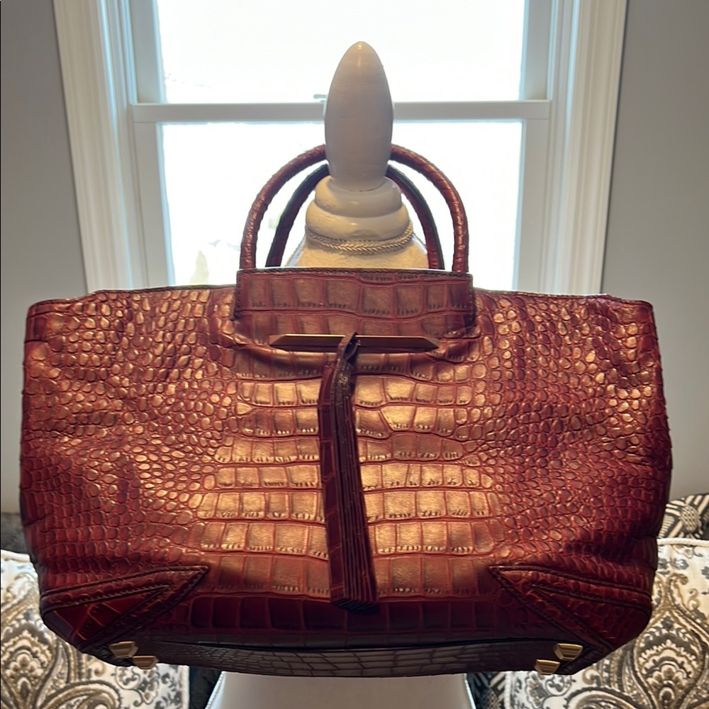 Brian Atwood Burgundy Crocodile-Embossed Satchel with Top Handles. Excellent!